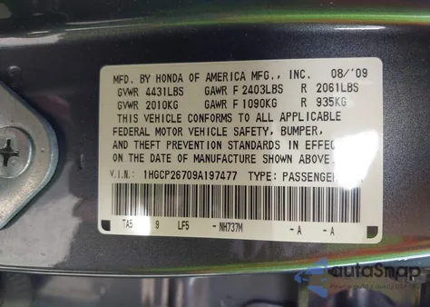 2009 Honda Accord 2.4 Ex from USA, damaged, VIN 1HGCP26709A197477